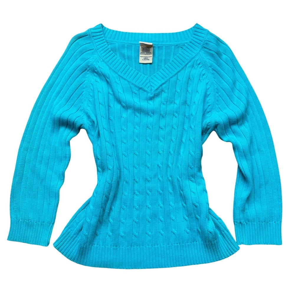 Y2K‎ Teal Blue Cable Knit V-Neck Sweater Womens Large 12/14